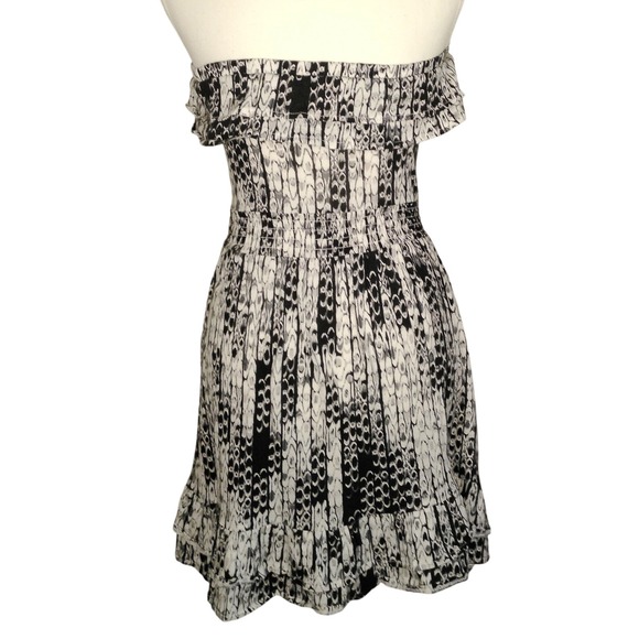 OP Cotton Modal Off Shoulder Smocked Ruffle Dress Black White Print‎ S 3-5 - Picture 3 of 8